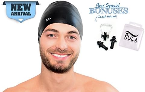 Kula Silicone Swim Cap for Short and Long Hair - Waterproof Swimming Cap with Ear Protection, Nose Clip and Ear Plugs for Adult Men Women Girls Boys Kids - Keeps Hair Clean And Ears Dry (Black)