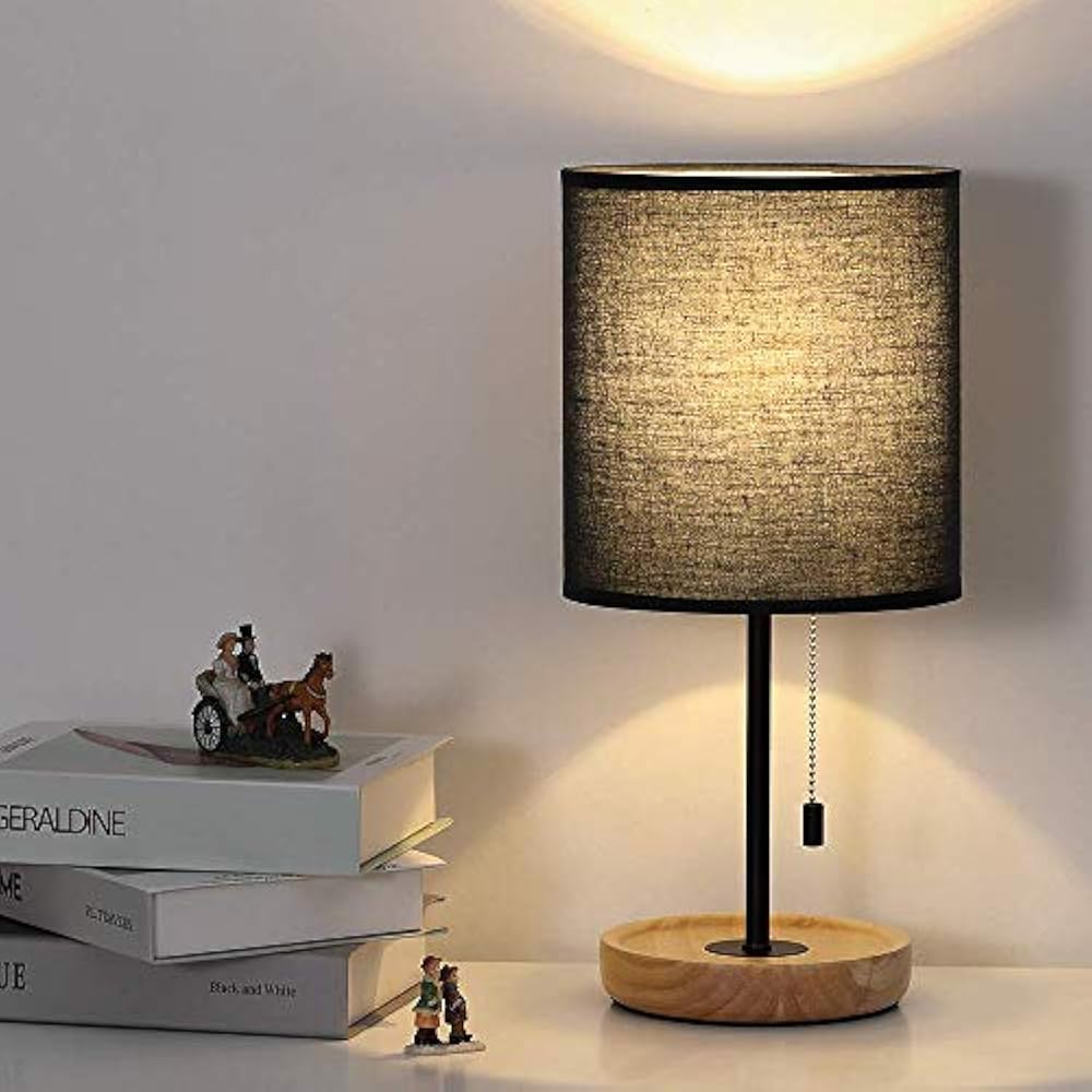 Nightstand Lamp, Bedside Table Wood Base Desk With Black Fabric Shade