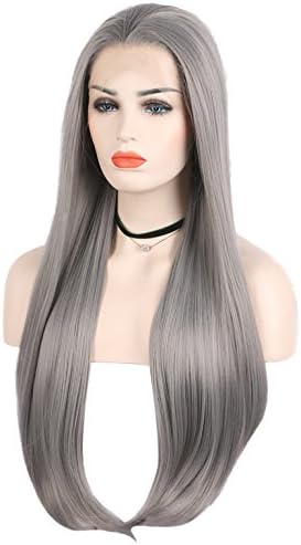 Arimika 24inch Long Dark Grey Heat Safe Synthetic Hair Lace Front Wig-Decent 2-2.5inch Parting Space in Front,Transparent Lace For White or Pale Skin,Natural Soft Bouncy Layered