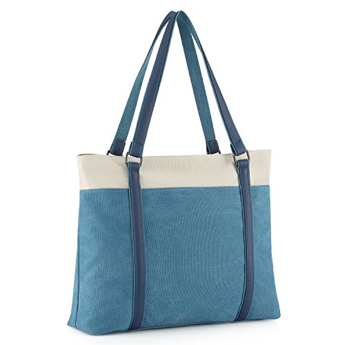 Plambag Canvas Laptop Tote Bag 15.6” Work Shopper Shoulder Handbag for Women (Blue)