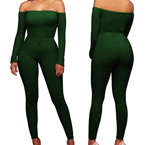 Minisoya Women Long Sleeve Bodycon Clubwear Casual Cocktail Party Romper Playsuit Long Pants Off Shoulder Jumpsuit (Green, XL) - Thumbnail 3