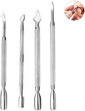 Cuticle Pusher Remover Kit Double Ended Nail Cleaner 4 Piece Stainless Steel Nail Pusher Remover Spoon Callus Removal Fork Cuticle Manicure Tools Pedicure Cuticle Trimmer
