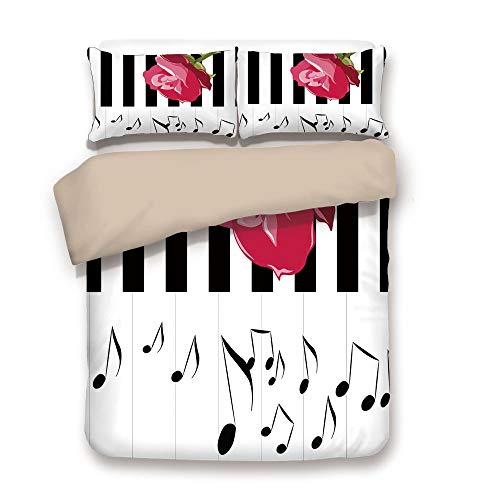 iPrint Duvet Cover Set,Back of Khaki,Modern,Hand Drawn Red Rose on Piano with Musical Notes Romantic Instrumental Art,Scarlet Black White,Decorative 3 Pcs Bedding Set by 2 Pillow Shams,Full