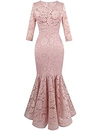 Angel-fashions vestido de novia de sirena con encaje floral, manga 3 4, para mujer