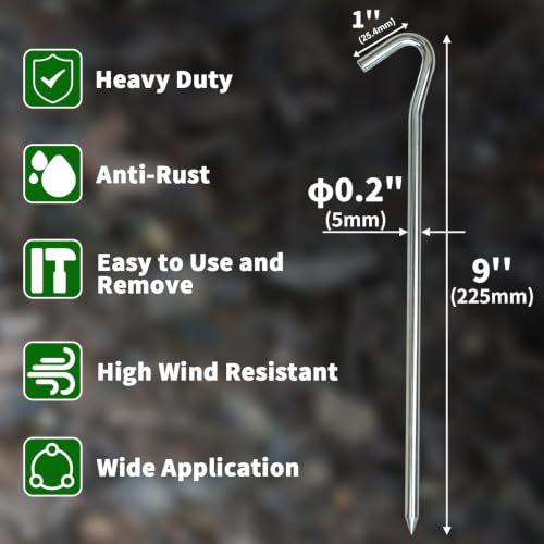 Metal Tent Stakes Heavy Duty 9 Inch, 25 Pcs Anti-Rust Ground Stakes image 9