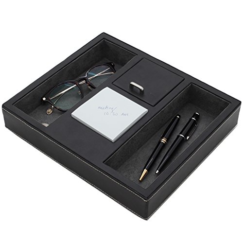 Valet Tray Leather, Desk Nightstand Dresser Organizer Cell Phone Glasses Coins Wood Constructed - Thumbnail 3