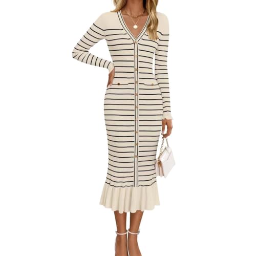 HZYFZPH V-Neck Knitted Sweater Dress for Commuting, Knitted Long Dress.
