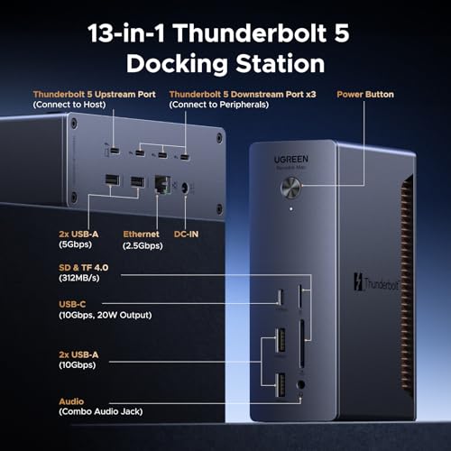 UGREEN Thunderbolt 5 Docking Station, Revodok Max 13-in-1 TB5 Dock, 120Gbps Max Transfer, Single 8K@60Hz, Triple 4K@144Hz, 140W Laptop Charging, 2.5GbE, 312MB/s SD/TF, for TBT5/4 MacBooks and Windows