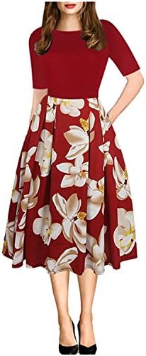 Dataiyang Women's Vintage O-Neck Dresses Patchwork Pockets Puffy Swing Casual Office Party Dress Red XXL