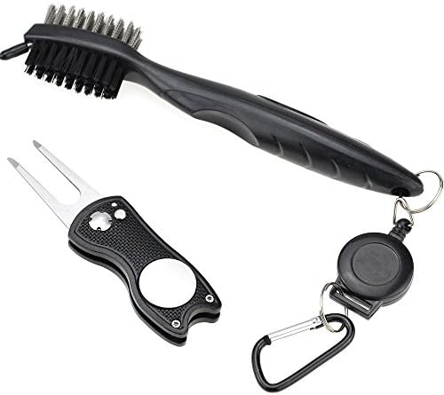 Mile High Life All Metal Foldable Golf Divot Tool with Magnetic Ball Marker & Club Groove Cleaner with Brush and Retractable Extension Cord Combo Set (2 Pack Multi-Colors)