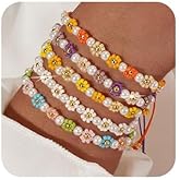 Ustome Boho Colorful Flower 5Pcs Stack Gold Plated Seed Bead Bracelets Set for Women, Cute Floral Lucky Rope Freshwater Pearl Adjustable String Jewelry, Spring Summer Wedding Friendship Gift