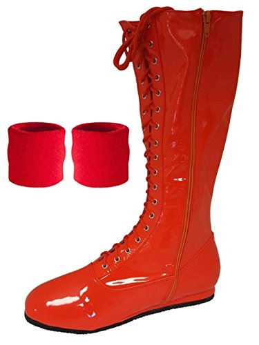 (Red, Medium) Pro Wrestling Costume Boots with Matching Sweatbands