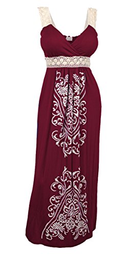 eVogues Plus Size Embroidery Print Empire Waist Maxi Dress Burgundy 8717-3X