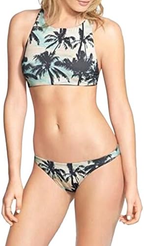 SEXYARN Women's Push up High Neck Halter Bikini Sets Swimsuit Midnight Top (M(US 4-8), Coconut Tree)