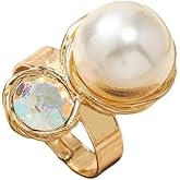Dtja Round CZ Shell Pearl Statement Ring for Women Gold-Plated Fashion Adjustable Engagement Promise Crystal Big White Balls Open Wrap Finger Rings Comfort Fit Wedding Holiday Jewelry (Stone)