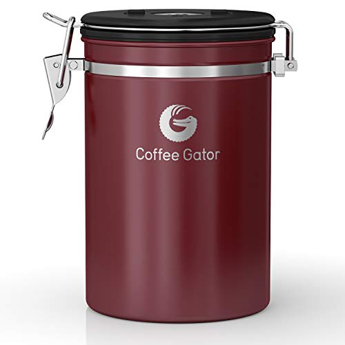 Coffee Canister - Coffee Gator Stainless Steel Coffee Container - Fresher Beans and Grounds for Longer - Date-Tracker, CO2-Release Valve and Measuring Scoop - Large, Red