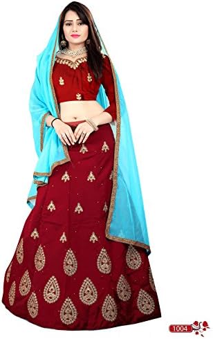 Arihant Silk Mills Women's Silk & Chiffon Unstitched Lehenga Choli (Red & Blue)