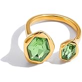 18k Gold Plated Green Crystal Geometry Ring for Women Stainless Steel Chunky Sparkly Cubic Zirconia Hexagon Stackable Statement Adjustable Open Finger Band Rings Comfort Fit Holiday Party Jewelry