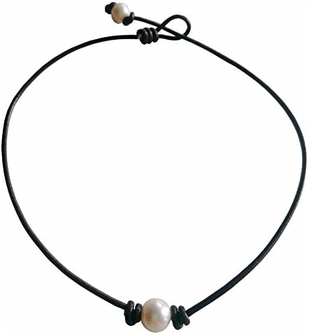 Single Pearl Choker Bead Necklace on Genuine Black Leather Cord for Women Christmas Gift (13" Brown)