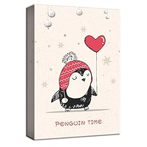 Canvas Wall Art Cute Penguin with Red Bloom Painting Artwork for Home Decor Framed - 12x18 inches