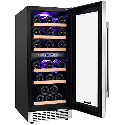 【Upgraded】Aobosi 15'' Wine Cooler Dual Zone 28 Bottle Freestanding and Built-in Wine Refrigerator with Stainless Steel Tempered Glass Door & Temp Memory Function, Blue LED Light, Fit Champagne Bottle 【Upgraded】Aobosi 15'' Wine Cooler Dual Zone 28 Bottle Freestanding and Built-in Wine Refrigerator with Stainless Steel Tempered Glass Door & Temp Memory Function, Blue LED Light, Fit Champagne Bottle