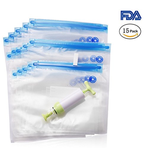 Click Here to See More Images Uarter Sous Vide Bags Kit, 15 BPA Free Vacuum Sealer Bags (3 Sizes), 1 Hand Pump and 1 Sous Vide Bag Sealing Clip, Reusable, Easy to Use, Practical for Food Storage