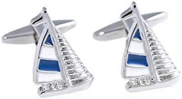 Cufflink Connoisseur Rhodium Plated Blue and White Sail Boat Design Cuff Links