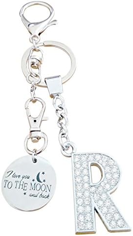 AM Landen I love you to the moon and back Rhinestone Alphabet Letter R Key chain Best Gift Keychain