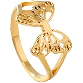 Rrdaily 14k Gold Hollow Butterfly Rings, Trendy Stainless Steel Cut Pattern Statement Rings, Dainty Retro None Tarnish Jewelry Gifts for Women Teen Girls