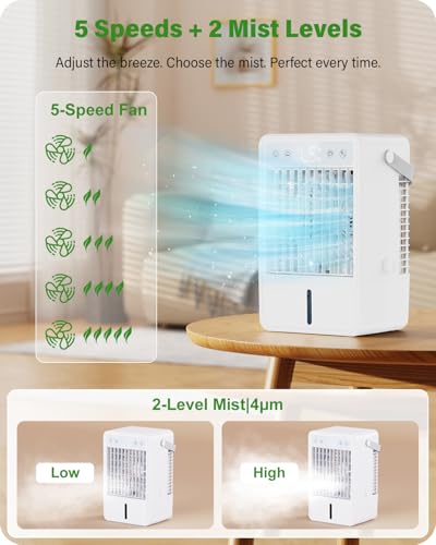 Portable Air Conditioner 1500ML, Evaporative Air Cooler with 2 Spray Modes & 4μm Fine Mist, Remote Control, Quiet Air Conditioner 5 Wind Speeds, Auto-off Timer, 7 LED Lights for Bedroom Office Travel