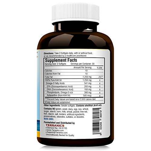 Terranics Krill Oil with Omega3s DHA & EPA, Phospholipids and Astaxanthin, 1250mg, 60 Softgels, Supports Joint, Brain and Cardiovascular Health, NON-GMO, Soy, Dairy & Gluten Free, for men and women - Thumbnail 7