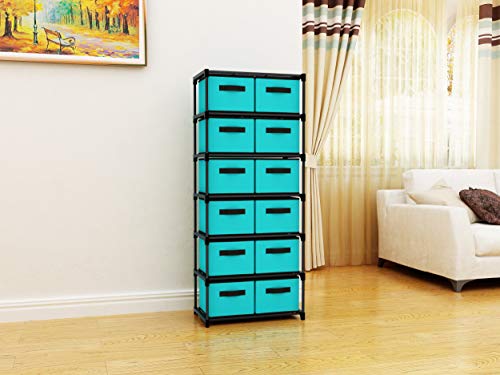 MULSH Drawer Storage Chest Shelf Storage Cabinet Organizer Units with Removable Non-Woven Fabric Bins (12-Drawer, Turquoise)