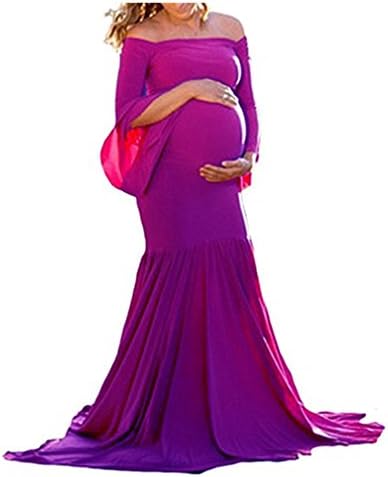 DHLP Women's Off Shoulder Ruffles Maternity Slim Fit Gown Maxi Dress Gown For Wedding Photo Shoot
