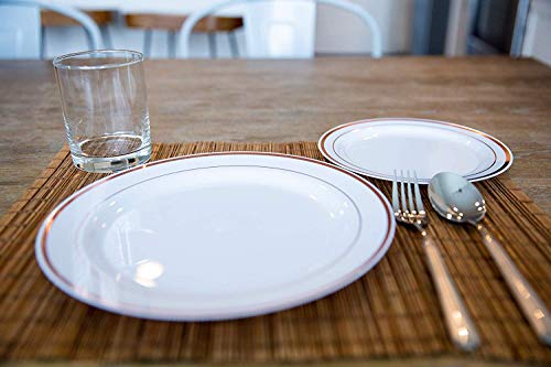 Feros Rose Gold Trim Disposable Plastic Plates | Porcelain Design | Premium Decorative Plasticware Special Occasions | 10.25" Dinner Plates - 7.5" Salad Plates - 60 Total