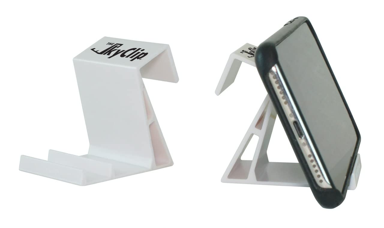The SkyClip Airplane Cell Phone Back of Seat Inflight Tray Table Clip and Sturdy Phone Stand, Compatible with iPhone, Android, Tablets, and Readers, Travel Must Have (Logo - 2 Pack)