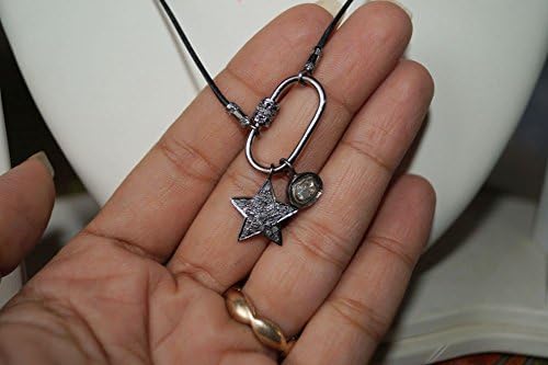 Oxidized Finish 1.90ctw Pave diamond star rose cut diamond drop multiple charm diamond lock sterling silver leather necklace