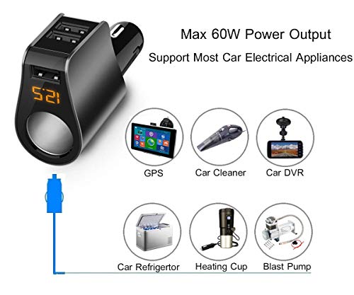Car Charger Extension Cigarette Lighter Adapter,Socket Splitter with 3 USB and Voltage Meter,Compatible for iPhone 8/7/X/6S/XR,iPad,Samsung Galaxy S9/S8,iPad,GPS,Android Phone (Black)