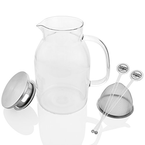 Glass Pitcher With Lid By Golden Spoon: Durable Glass Carafe With Airtight Cap - Microwave And Freezer Safe Borosilicate Glass For Hot And Cold Liquids - Comes With 2 Stirrers And A Strainer (60 oz) - Thumbnail 2