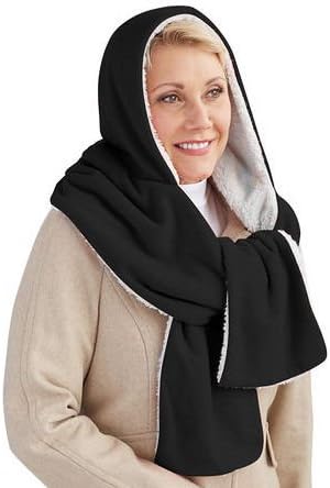 Reversible Hooded Wraps Soft Cozy Warm Fleece Scarf - Black
