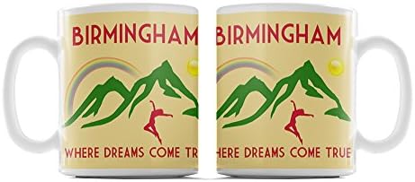 Birmingham.'Where Dreams Come True', Art Deco Style Humorous Design, Village, Town or City Location, 10oz Ceramic Mug