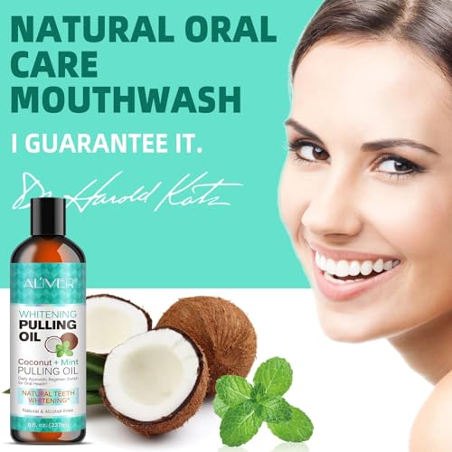 Pulling Oil with Coconut & Peppermint Oil-Mouthwash for Oral Care-Teeth Whitening and Fresh Breath, Organic Essential Oils Mouthwash With Tongue Scraper Alcohol-Free, Treatment for Gums-8 Fl.Oz