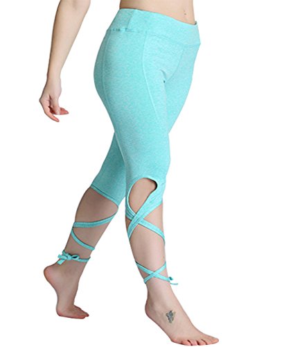 OVESPORT Women Yoga Leggings High Waist Workout Dance Pants with Ballet Ribbon (2088M, Green)