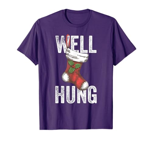 View 1 of **BLACK** Well Hung, Dirty Christmas Stocking Holiday Gift Funny Xmas T-Shirt XL