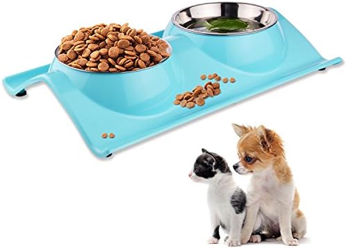 Pet Dog Bowl Food Water Dish Feeder Bowls Double Stainless Steel Cat Puppy Bowls No spill & No Skid for Small Animals (Blue)