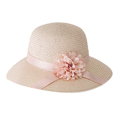Kinglly Wide Brim Headwear UV Ladies Wide Straw Foldable Travel Flower Sun Hat Summer Beach Caps Pink - Thumbnail 2