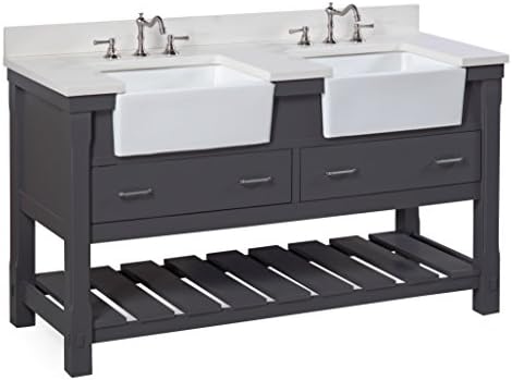 Charlotte 60-inch Double Bathroom Vanity (Quartz/Charcoal Gray): Includes Charcoal Gray Cabinet with Stunning Quartz Countertop and White Ceramic Farmhouse Apron Sinks