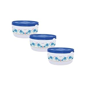 WONDER Food Saver Round Printed Plastic Container Set, 3 Pc Container 600 ml, Set of 3, Floral Print, Blue Color, Made…