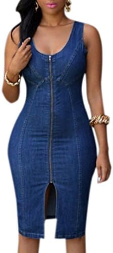 Eryuli Women's Fashion Faddish Denim Gold Zipper Front Midi Dress
