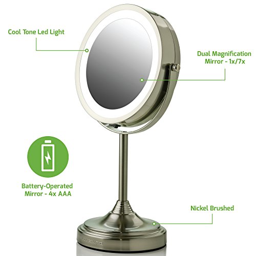 Ovente LED Lighted Tabletop Makeup Mirror, 7 Inch, Dual-Sided 1x/7x Magnification, Nickel Brushed (MCT70BR1X7X)