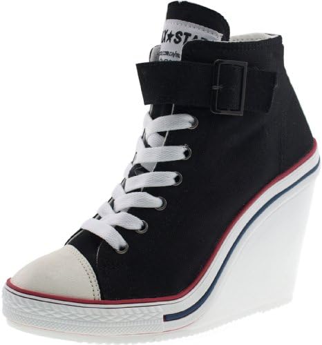 Maxstar Women's 777 One Buckle Strap Canvas High Wedge Heel Sneakers Black 8.5 B(M) US